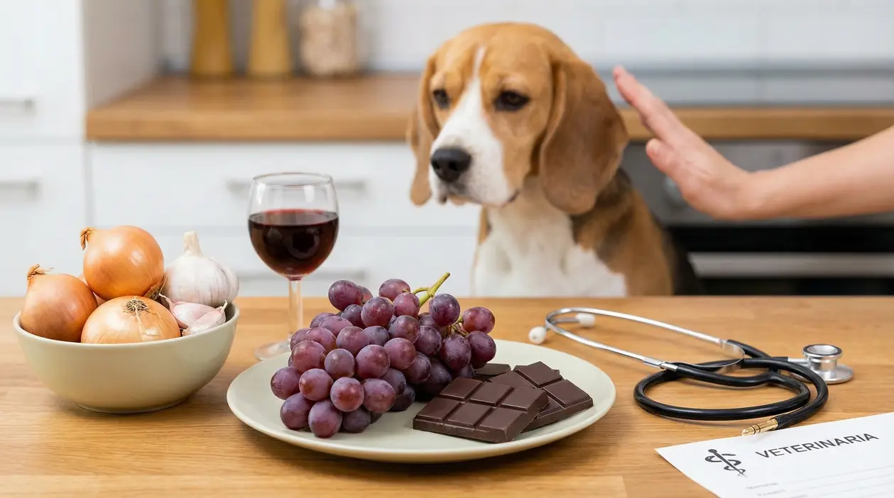 Cane in cucina con mano che lo ferma davanti a uva, cioccolato, cipolle, aglio e bicchiere di vino sul tavolo