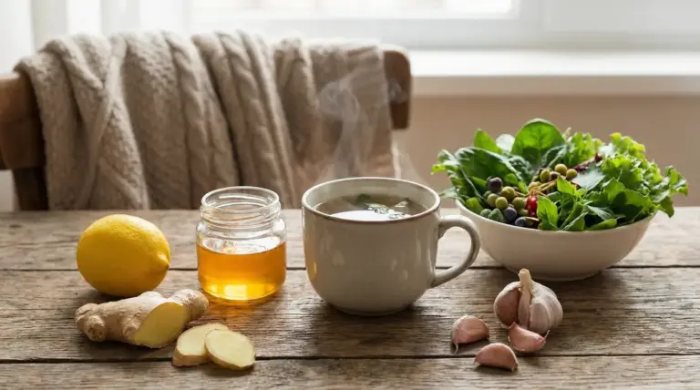 Tisana calda con miele, limone, zenzero, aglio e insalata di verdure su tavolo rustico