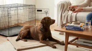 Cane sdraiato su tappetino in casa mentre una persona prepara un gioco riempito di crocchette vicino a un kennel