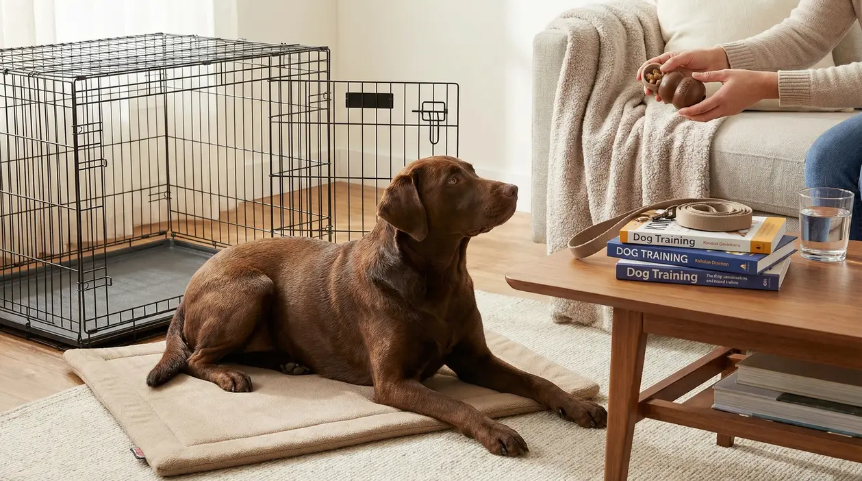 Cane sdraiato su tappetino in casa mentre una persona prepara un gioco riempito di crocchette vicino a un kennel