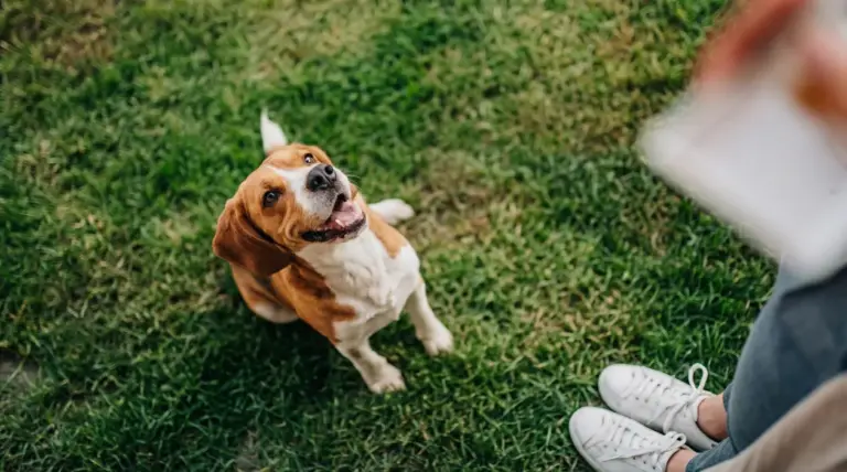 Cane seduto sull’erba guarda una persona che gli dà un comando durante una sessione di addestramento