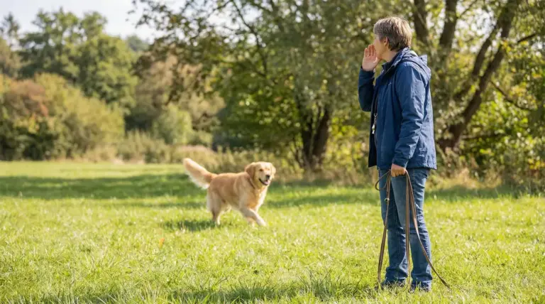 Persona richiama un cane che corre verso di lei in un prato, con lunghina in mano durante l’addestramento