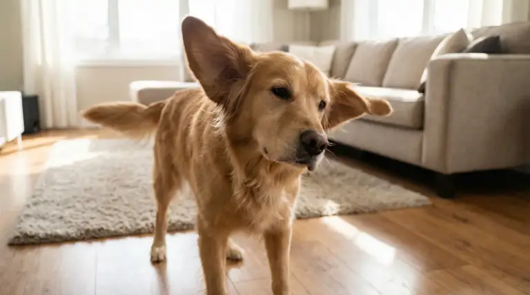 Cane in salotto che scuote la testa con le orecchie alzate, possibile fastidio o problema alle orecchie