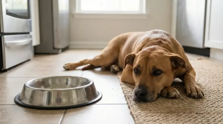 Cane sdraiato sul pavimento vicino a una ciotola vuota in cucina, possibile nausea o vomito al mattino