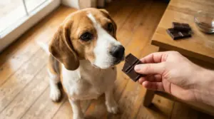 Un cane annusa un pezzo di cioccolato tenuto da una mano, con altre tavolette su un tavolino