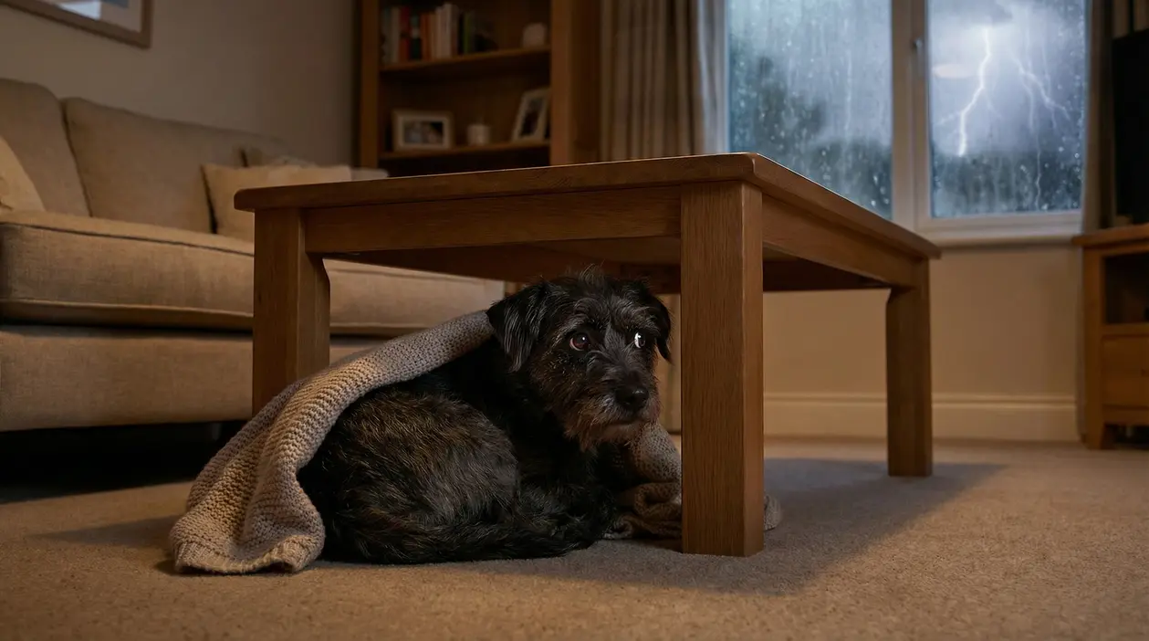 Cane spaventato si nasconde sotto un tavolino in salotto mentre fuori c’è un temporale con fulmini