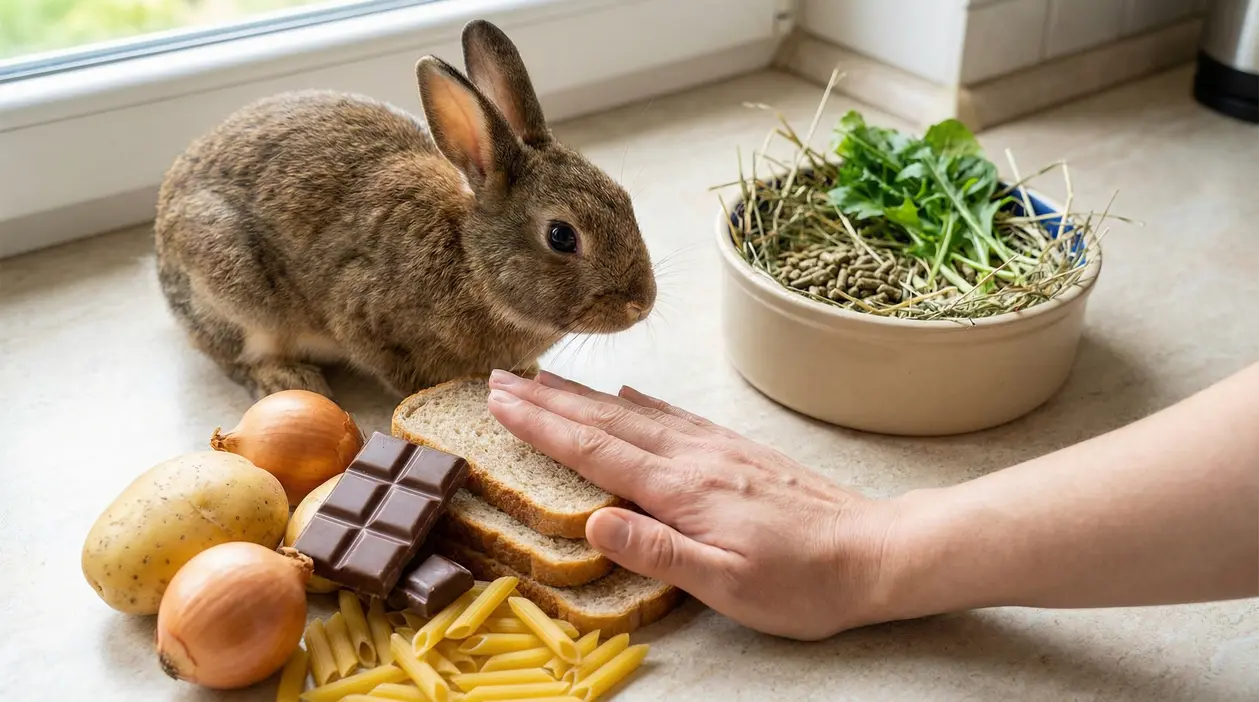 Coniglio vicino a pane, cioccolato, patate e cipolle, con una mano che impedisce di offrirgli questi cibi
