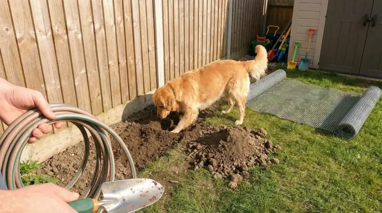 Cane che scava una buca in giardino vicino a una recinzione, con attrezzi e rete metallica sul prato
