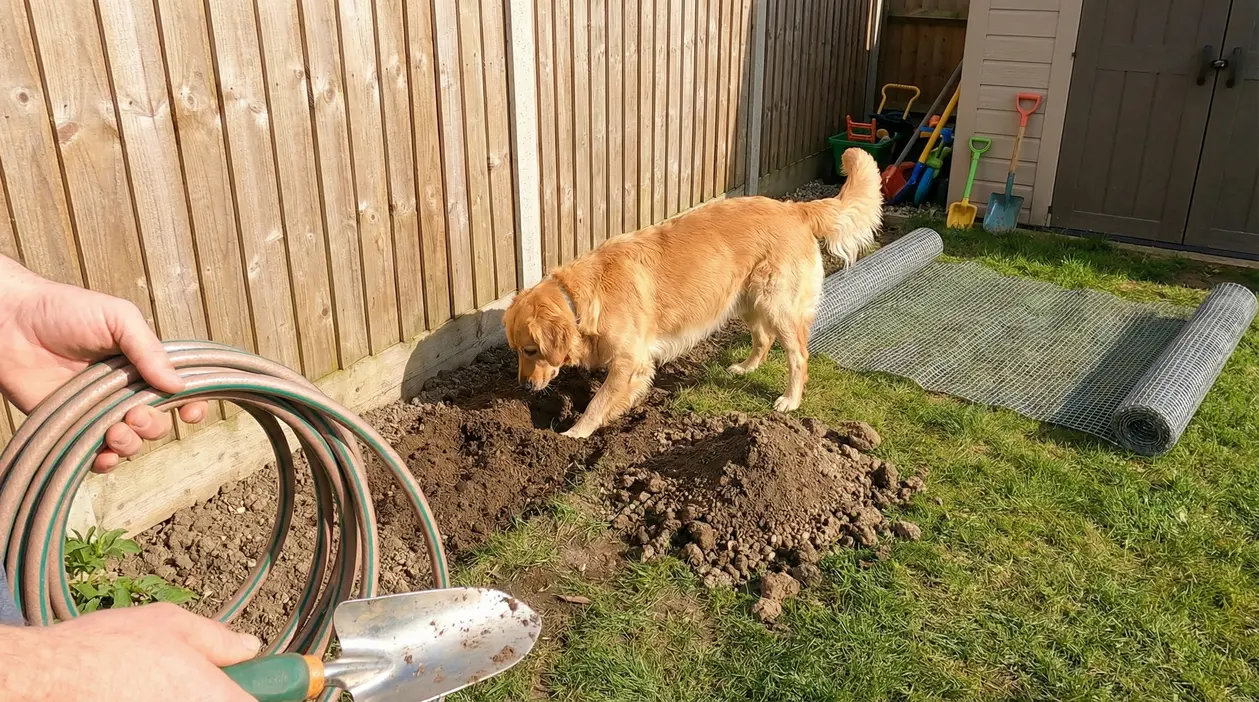 Cane che scava una buca in giardino vicino a una recinzione, con attrezzi e rete metallica sul prato