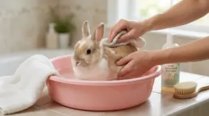 Coniglio in una bacinella mentre una persona lo pulisce con un panno, con asciugamano e shampoo delicato accanto