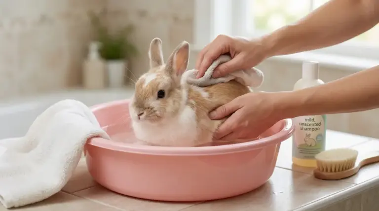 Coniglio in una bacinella mentre una persona lo pulisce con un panno, con asciugamano e shampoo delicato accanto