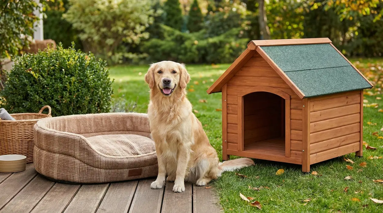 Cane seduto in giardino tra una cuccia in legno da esterno e un letto imbottito su una pedana