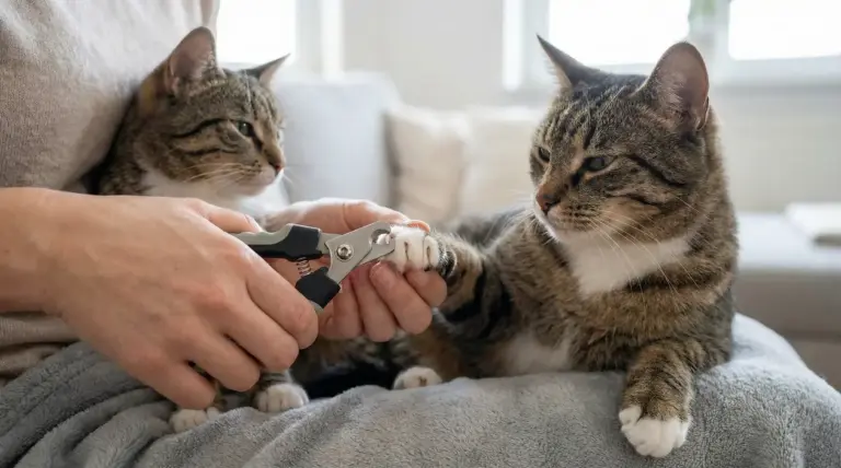 Persona che taglia le unghie a un gatto tigrato con un tagliaunghie, mentre un altro gatto osserva sul divano