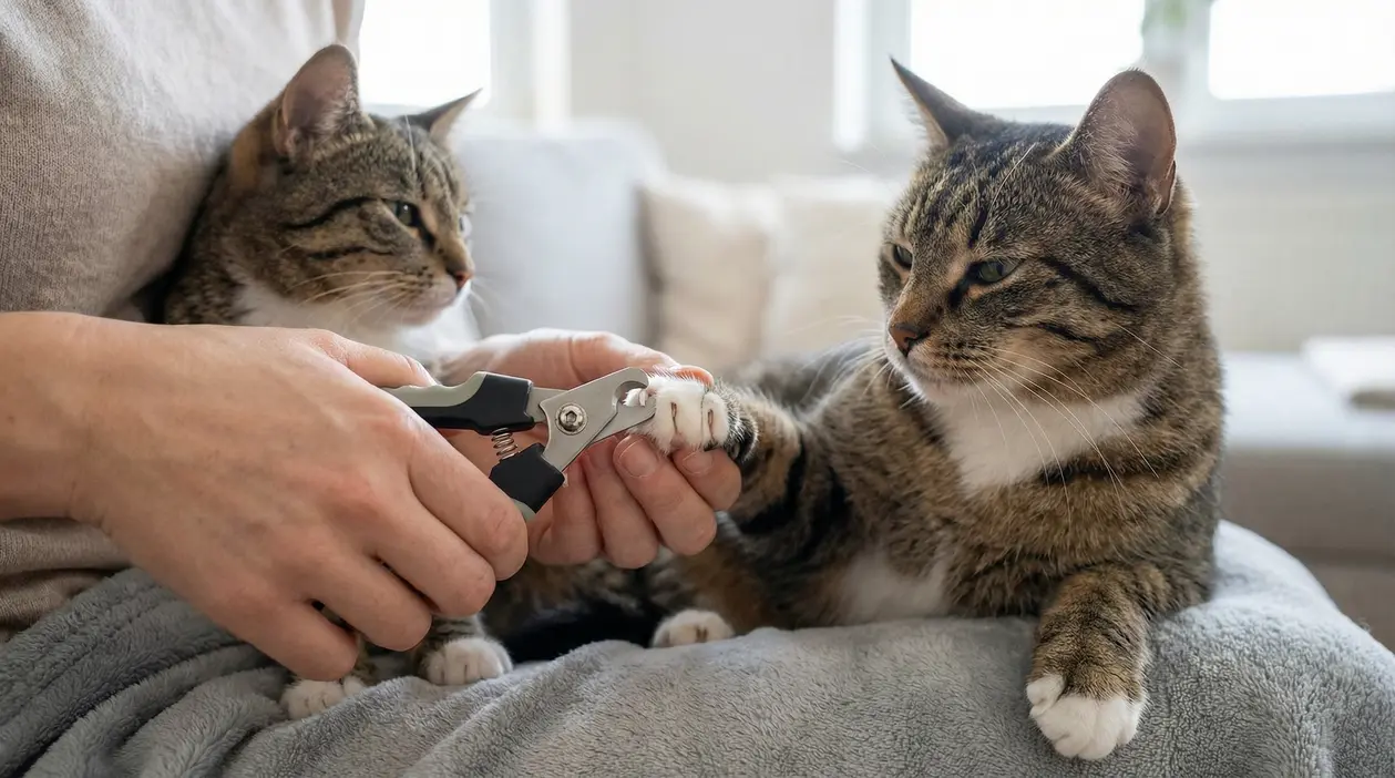 Persona che taglia le unghie a un gatto tigrato con un tagliaunghie, mentre un altro gatto osserva sul divano