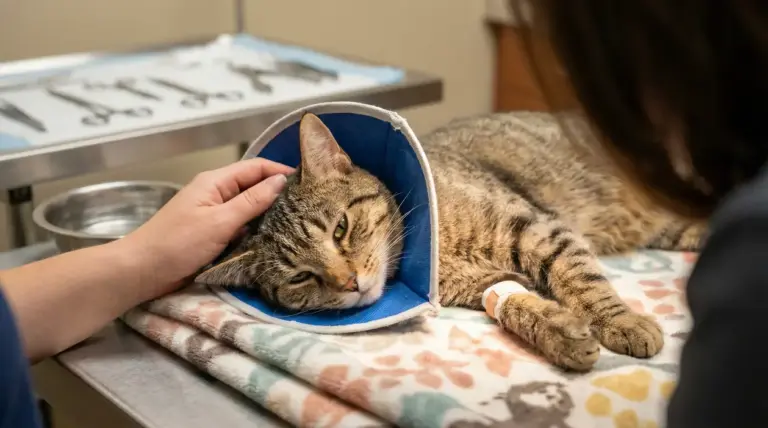 Gatto con collare elisabettiano sdraiato su un lettino veterinario, accarezzato dopo la sterilizzazione