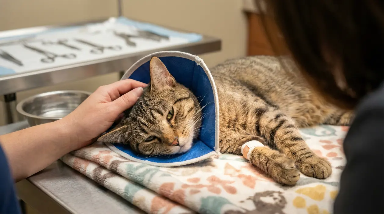 Gatto con collare elisabettiano sdraiato su un lettino veterinario, accarezzato dopo la sterilizzazione