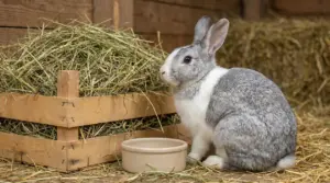 Coniglio grigio e bianco vicino a una cassetta piena di fieno e a una ciotola, in una conigliera