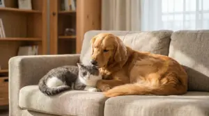 Gatto e cane sdraiati insieme sul divano, in un ambiente domestico luminoso