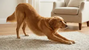 Cane che si stira con le zampe anteriori allungate su un tappeto in salotto