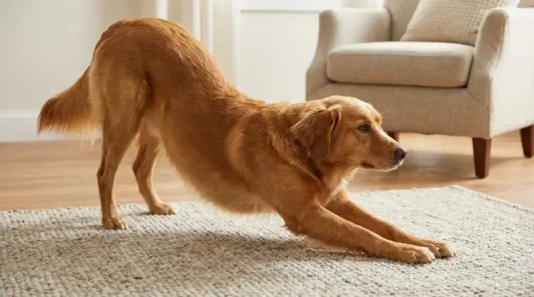Cane che si stira con le zampe anteriori allungate su un tappeto in salotto