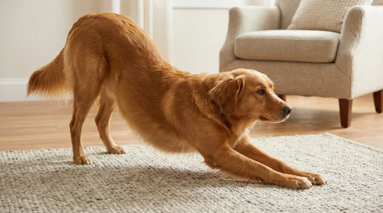 Cane che si stira con le zampe anteriori allungate su un tappeto in salotto