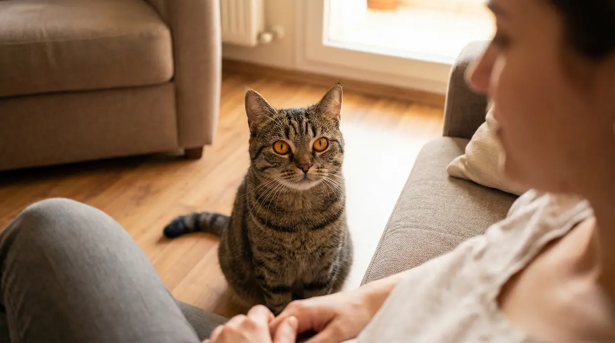Gatto tigrato seduto in salotto che fissa una persona sul divano, con sguardo attento e orecchie dritte
