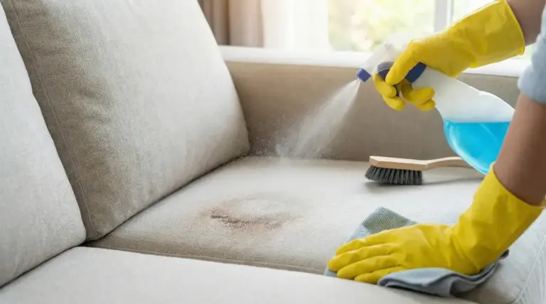 Mani con guanti gialli spruzzano detergente e puliscono una macchia su un divano in tessuto grigio con panno