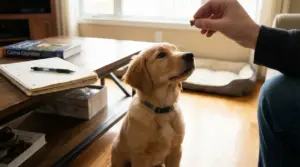 Cucciolo di golden retriever seduto che guarda un premio in mano durante una sessione di addestramento in casa