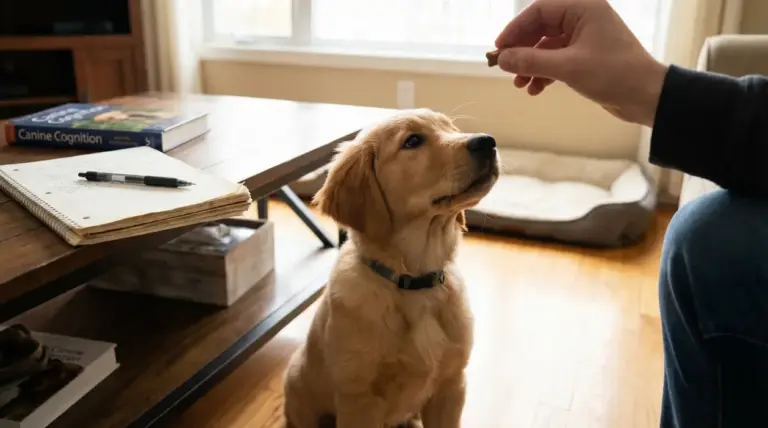 Cucciolo di golden retriever seduto che guarda un premio in mano durante una sessione di addestramento in casa