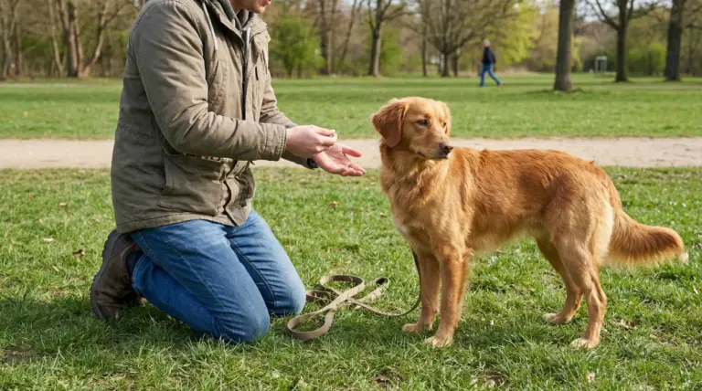 Persona in ginocchio che premia un cane con un bocconcino durante l’addestramento al parco