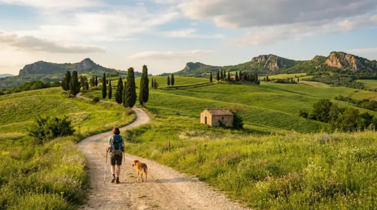 Escursionista con cane su sentiero tra colline verdi e cipressi, con casolare e montagne sullo sfondo