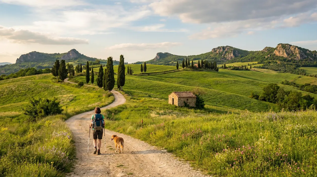 Escursionista con cane su sentiero tra colline verdi e cipressi, con casolare e montagne sullo sfondo