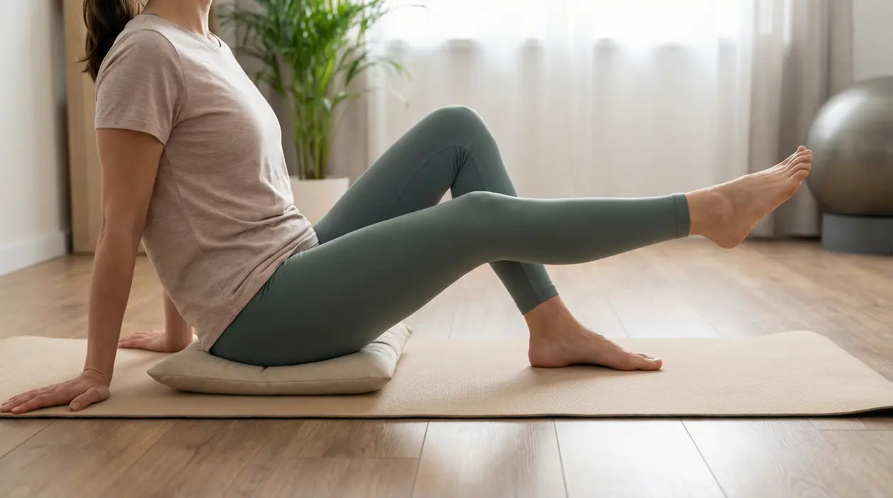 Persona seduta su tappetino che esegue un esercizio di estensione della gamba per alleviare il dolore al ginocchio