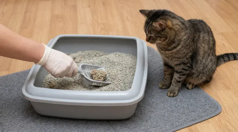 Persona con guanto pulisce la lettiera del gatto con paletta mentre un gatto tigrato osserva