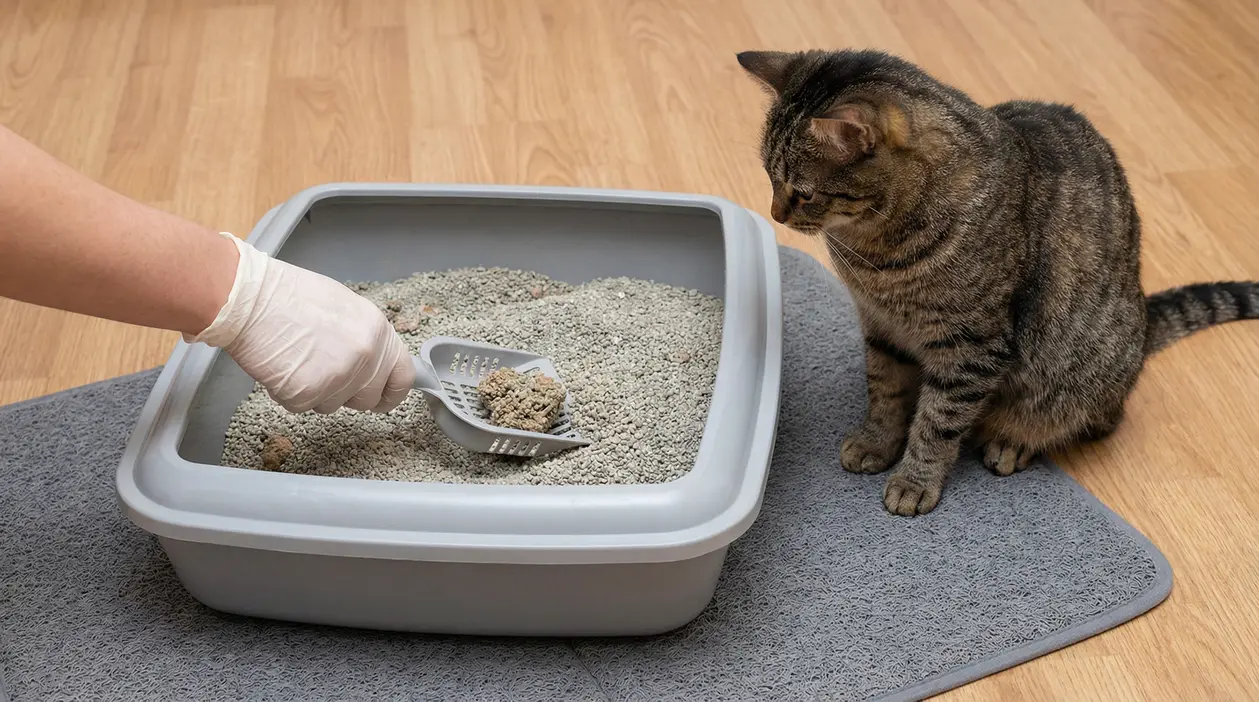 Persona con guanto pulisce la lettiera del gatto con paletta mentre un gatto tigrato osserva