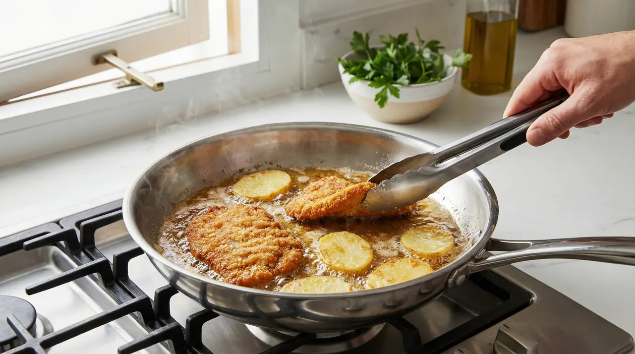 Cotoletta e patate che friggono in padella sul fornello, mano con pinze da cucina vicino alla finestra