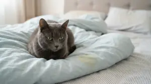 Gatto grigio sdraiato sul letto con una macchia gialla sulla trapunta, possibile pipì felina