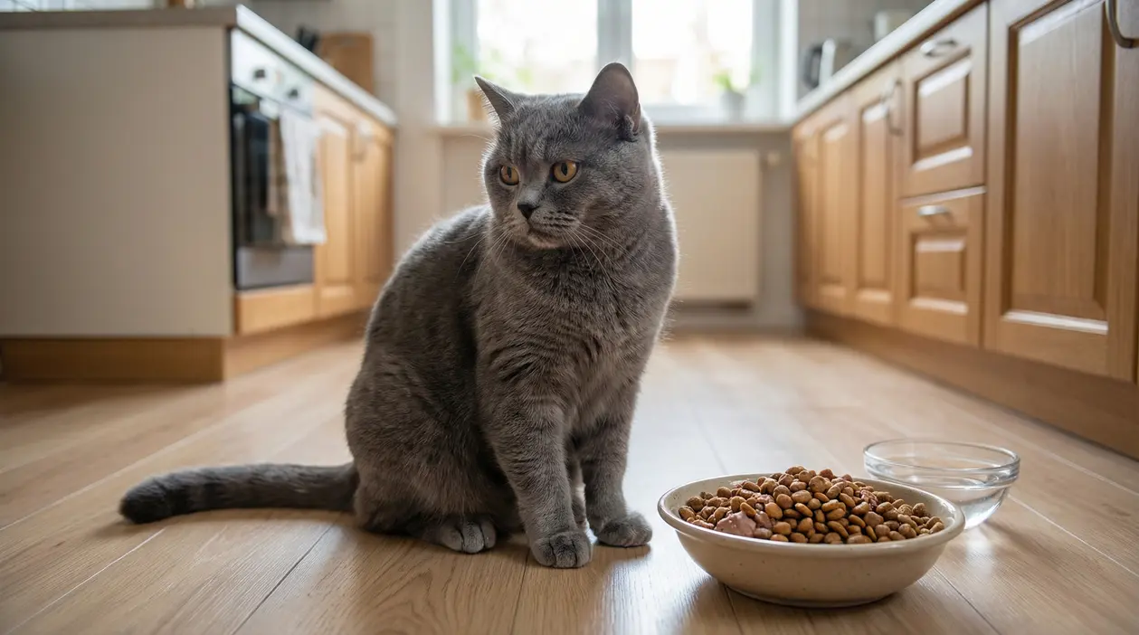 Gatto grigio in cucina vicino a ciotola di crocchette e acqua, sembra non interessato al cibo