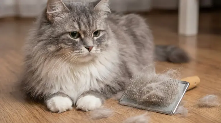 Gatto a pelo lungo sdraiato sul pavimento con spazzola piena di pelo, segno di perdita di pelo abbondante