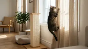 Gatto tigrato che si arrampica su una tenda vicino alla finestra in soggiorno, accanto a un tiragraffi