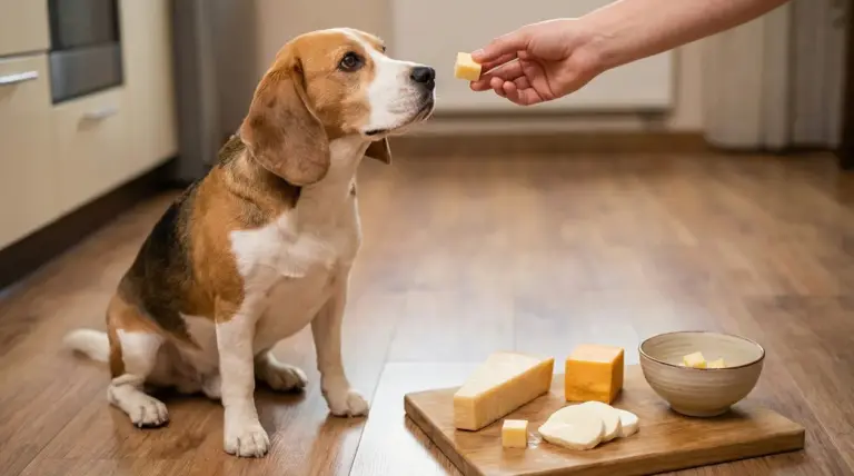 Cane seduto in cucina mentre una mano offre un cubetto di formaggio, con vari tipi di formaggio su un tagliere