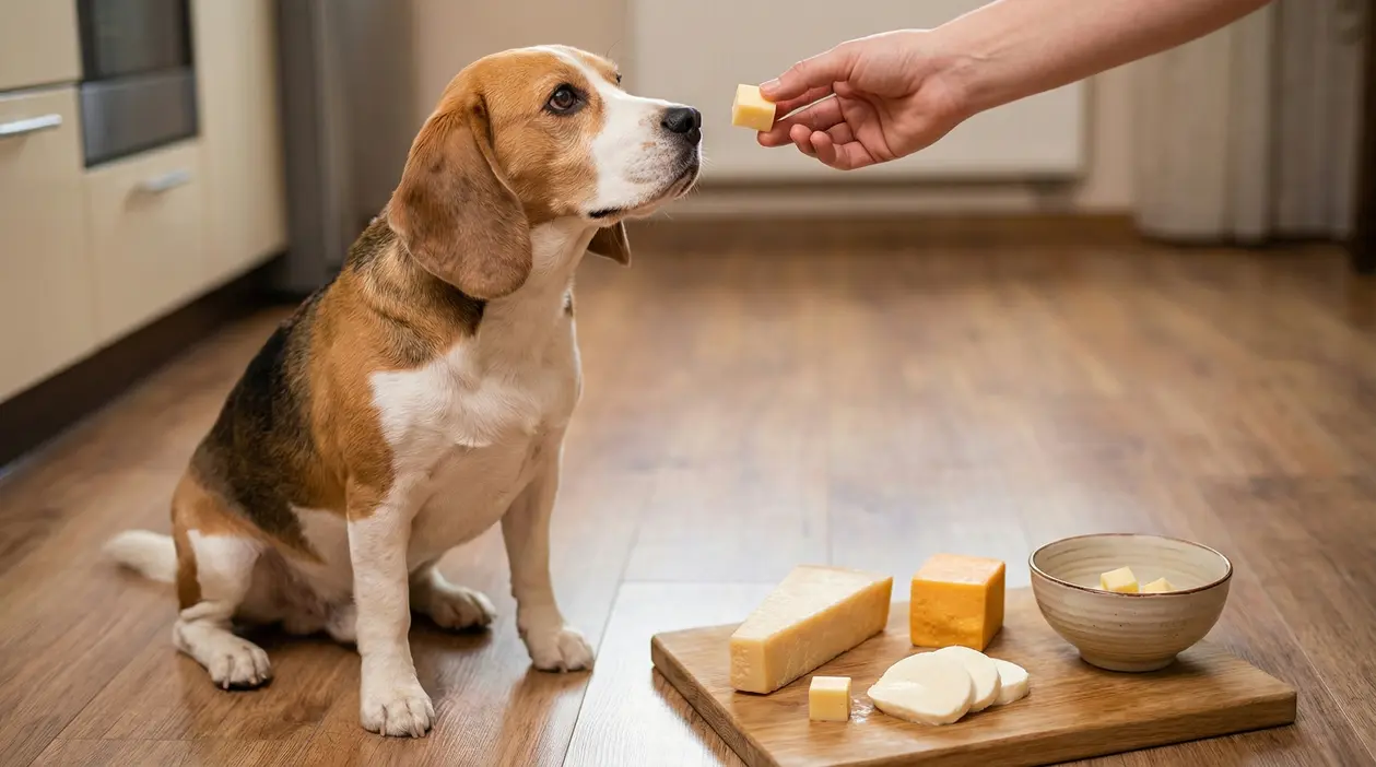 Cane seduto in cucina mentre una mano offre un cubetto di formaggio, con vari tipi di formaggio su un tagliere