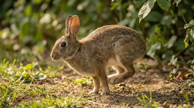 Coniglio selvatico in un prato, in posizione di allerta con una zampa sollevata vicino al terreno