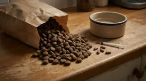 Crocchette per animali rovesciate da un sacchetto, con ciotola d’acqua, pillole e siringa su un tavolo di legno