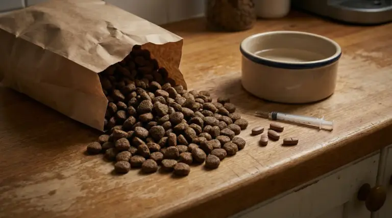 Crocchette per animali rovesciate da un sacchetto, con ciotola d’acqua, pillole e siringa su un tavolo di legno