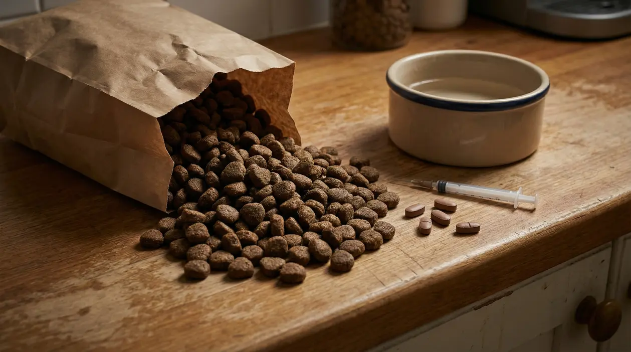 Crocchette per animali rovesciate da un sacchetto, con ciotola d’acqua, pillole e siringa su un tavolo di legno