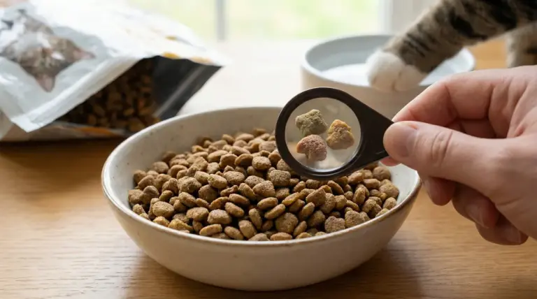 Ciotola di crocchette per gatto con lente d’ingrandimento sugli ingredienti, mano che controlla e zampa di gatto sullo sfondo