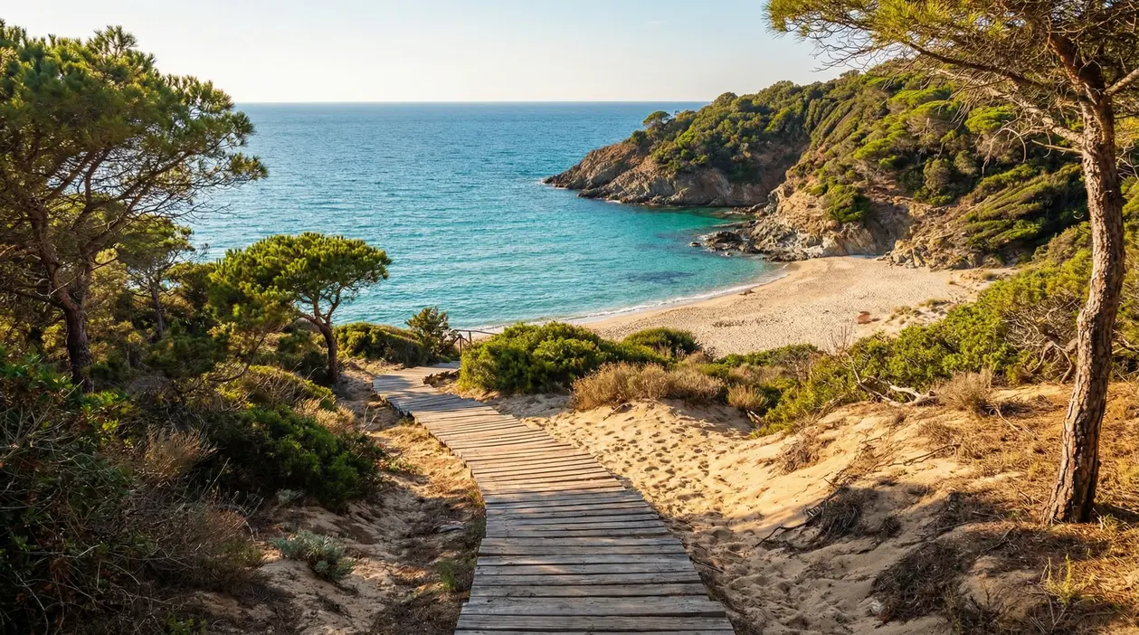 Passerella di legno tra dune e pineta che scende verso una spiaggia nascosta con mare turchese in Toscana