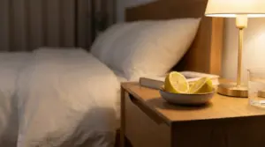 Due metà di limone in una ciotola sul comodino accanto a una lampada, in una camera da letto