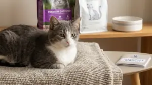 Gatto grigio e bianco sdraiato su una coperta, con cibo per gatti e libretto veterinario sullo sfondo